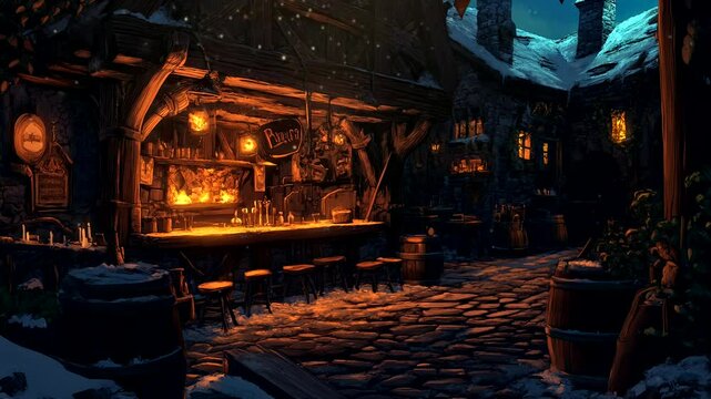 Rustic medieval street tavern illuminated by warm lights under a starry night sky. Cozy historical animation background.