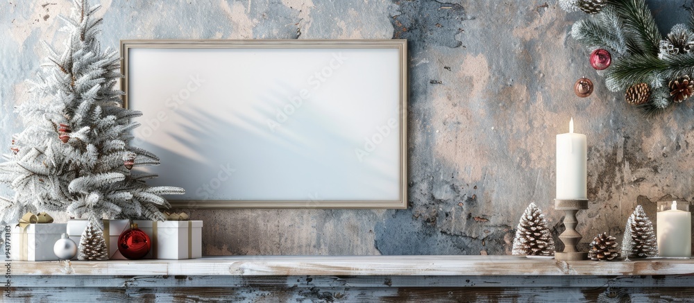 Poster christmas mockup featuring a white frame and tree decorations a portrait frame rests on a wooden she