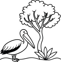 Pelican resting by a tree line art great for young artists coloring books

