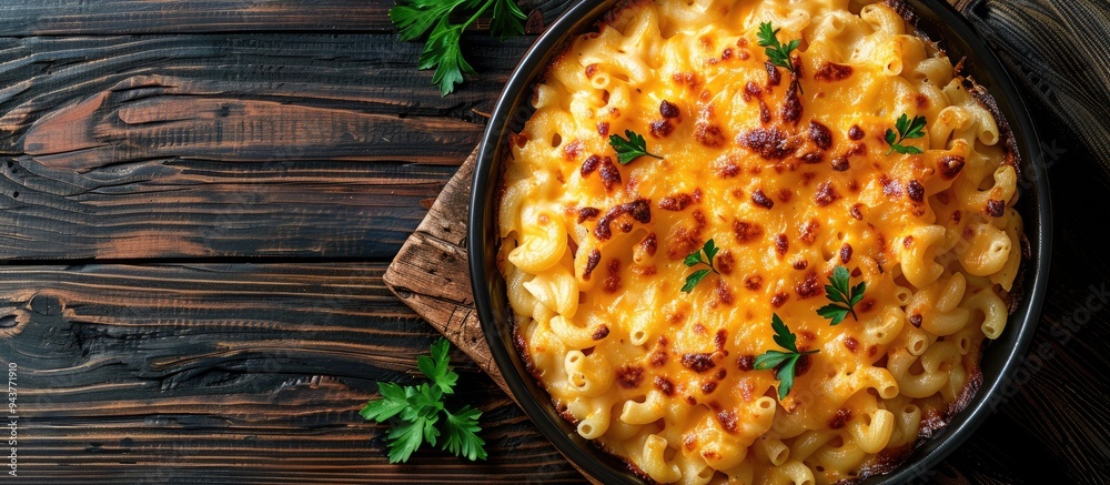 Poster Mac and cheese is a classic American macaroni casserole in a creamy sauce A top view on a dark stone table. with copy space image. Place for adding text or design