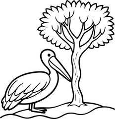 Delightful pelican near a tree base line art for children to color

