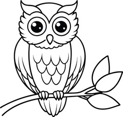 Owl sitting on a branch line art illustration great for adding color to children's coloring books
