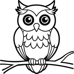 Fototapeta premium Cute owl perched on a tree branch line art illustration for kids coloring book imagination 
