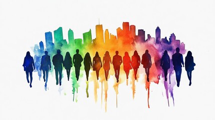 Obraz premium Watercolor painting of a crowd in various colors walking together in the street, with white background and soft gradients