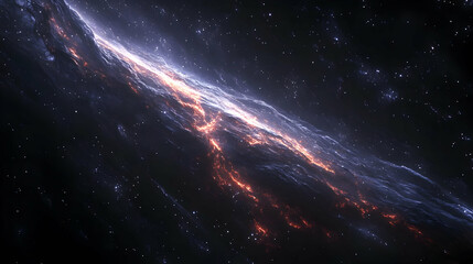 Fototapeta premium A swirling cosmic nebula with bright orange and white streaks against a dark starry background.