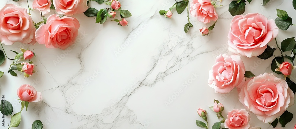 Fototapete frame adorned with pink roses set against a white marble background. with copy space image. place fo