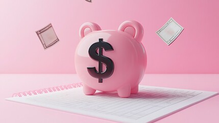 Minimalist 3D Cost Management Concept with Budget Planner and pink piggy bank Dollar Symbols