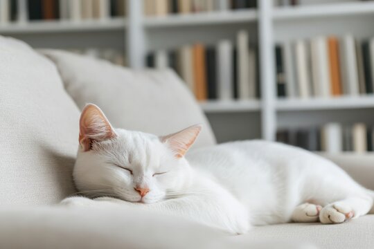 White cat sleeping peacefully on a cozy couch in a home library..