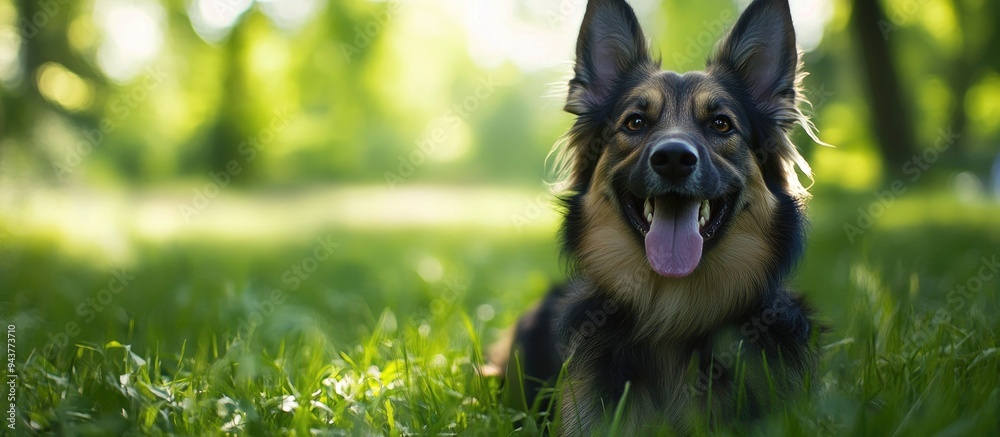 Poster happy dog grinning and frolicking in the green grass on a warm summer day animal wallpaper. with cop