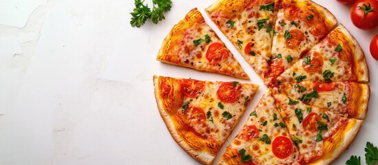 Delicious pizza toasts with fresh tomatoes and parsley on a white tiled table overhead view Room for text. with copy space image. Place for adding text or design