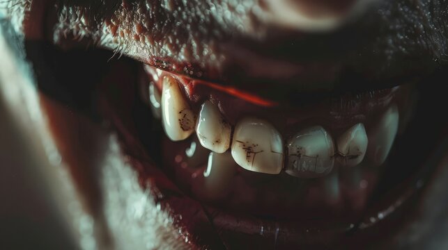 Scary smile of a madman with dirty teeth, close-up.
