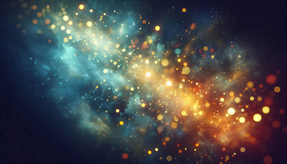 Obraz premium A vibrant abstract background featuring a blend of soft blue and gold tones illuminated by glimmering bokeh effects. Sparkling particles create a sense of golden and blue lights