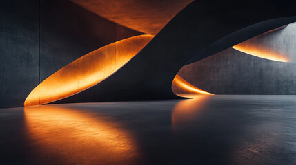 minimalist modern architecture designed with streamlines and curves, decorated with warm lighting, spacious floor, scene for car presentation