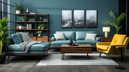 Modern living room with teal walls and matching leather sofas, accented by a vibrant yellow armchair, featuring wooden furniture and open shelving.