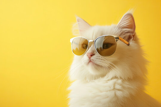 Closeup portrait of a furry white Siberian cat wearing fashion sunglasses. Funny pet on a bright yellow background. Kitten in eyeglasses. Cool animal concept with copy space for fashion and style.