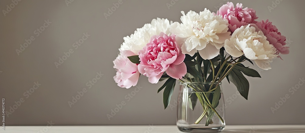 Leinwandbilder white and pink peonies in a glass container. with copy space image. place for adding text or design