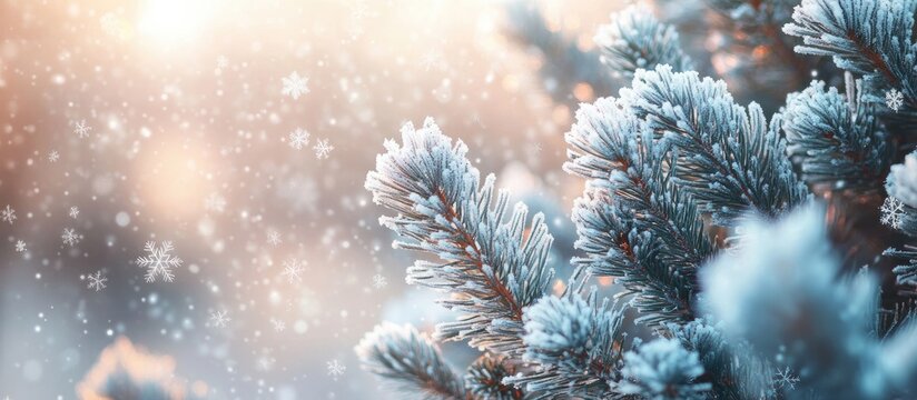 Winter snowy pine Christmas tree scenery Fir branches adorned with hoar frost create a Wonderland The wintry season is approaching for the New Year Serene blurred snowflakes form a winter background