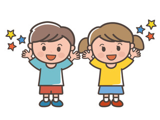 バンザイをして喜ぶ男の子と女の子の全身イラスト（小学生、幼児、子供）