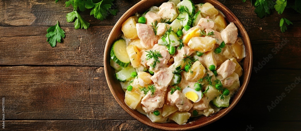 Poster russian salad olivier featuring potatoes chicken eggs cucumber and green peas in a bowl set against 