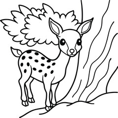 Cute deer under a tree line art illustration for kids' coloring book enhancing imagination
