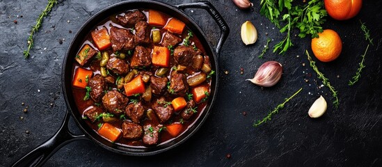 Winter Food concept featuring homemade organic beef stew or bourguignon in a cast iron skillet with copyspace