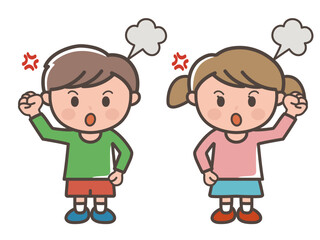激怒する男の子と女の子の全身イラスト（小学生、幼児、子供）