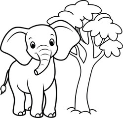 Elephant under tree line art for kids to color a fun and simple design perfect for young artists
