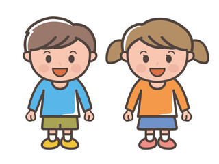 笑顔で楽しそうな男の子と女の子の全身イラスト（小学生、幼児、子供）