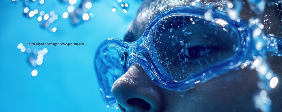 Close-up portrait of a swimmer wearing goggles immersed in a virtual reality environment with water droplets and bubbles resembling an underwater scene