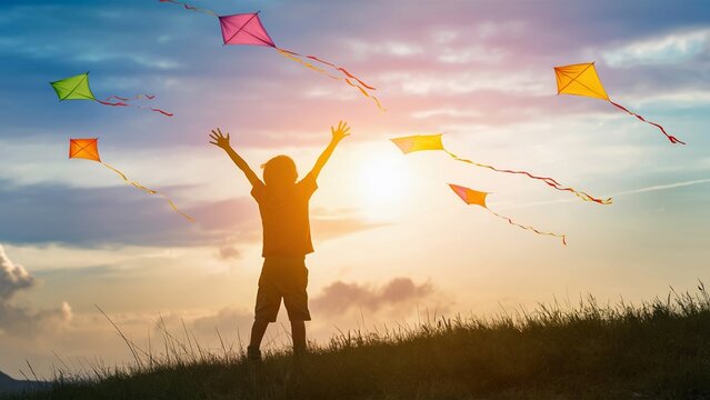 Child's Joyful Silhouette Against a Colorful Sunset Sky