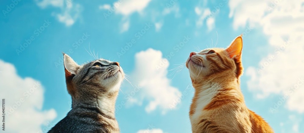 Poster two cats against a blue sky. with copy space image. place for adding text or design