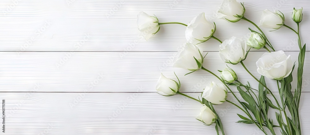 Aufkleber lovely eustoma flowers on a white wooden surface. with copy space image. place for adding text or de