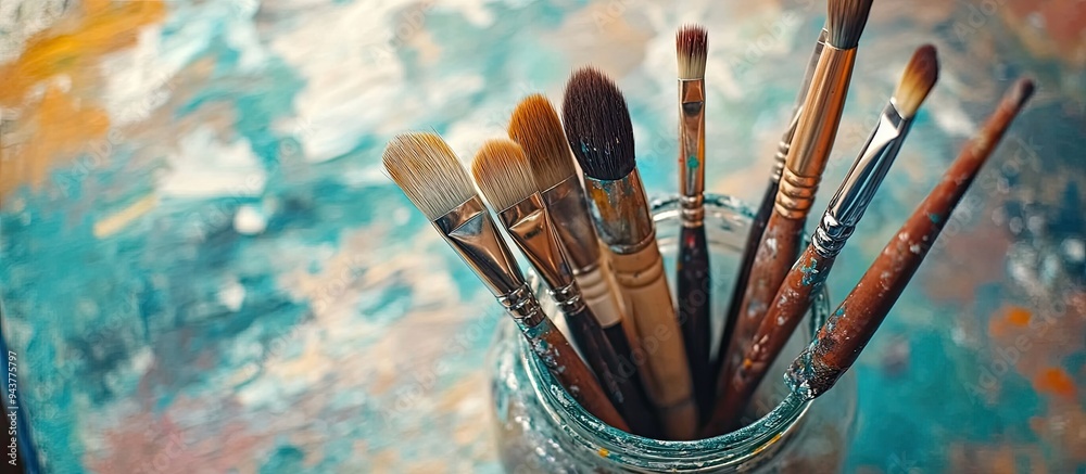 Poster Top view close up of various paint brushes in a glass jar within a pottery studio. with copy space image. Place for adding text or design