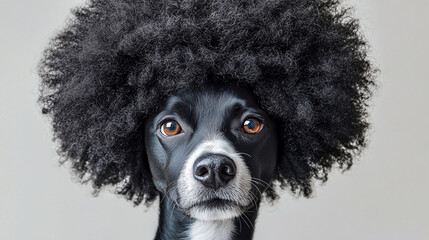 dog in a black afro wig isolated on white background. groomer concept