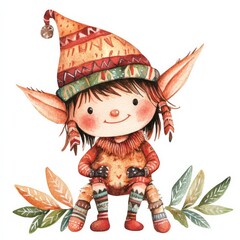 Cute Watercolor Elf with Pointed Ears and a  Hat