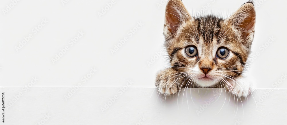 Poster A curious kitten peers down at an empty white banner set against a white background. with copy space image. Place for adding text or design