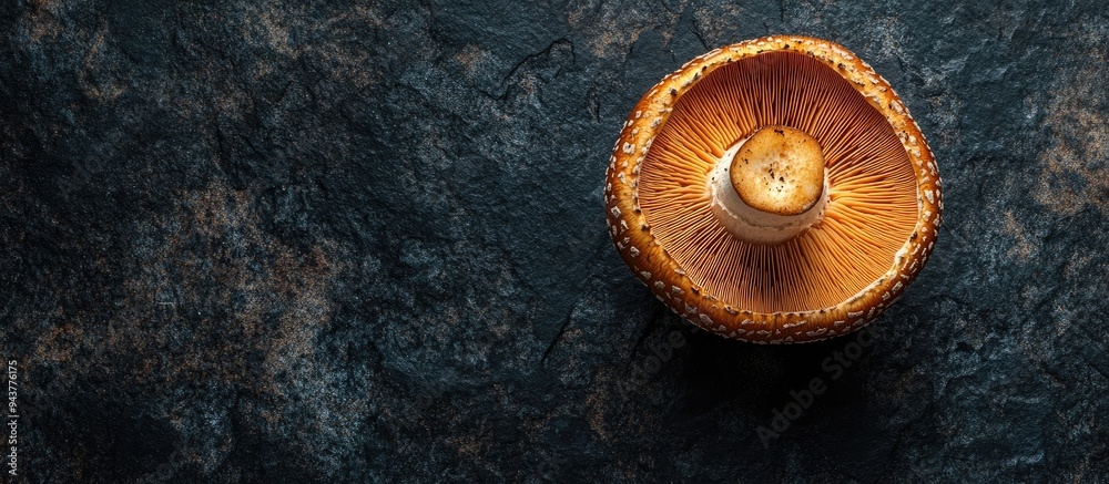 Poster top view of a mushroom on a black granite surface copy space dark mode