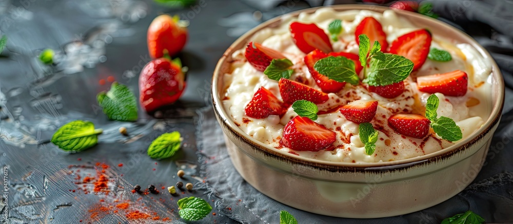 Poster cottage cheese casserole topped with strawberries and mint on a rustic backdrop featuring copy space