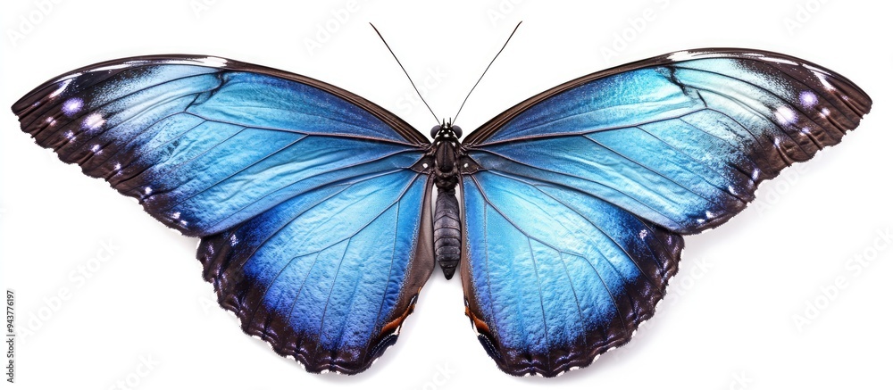 Poster A stunning Blue Morpho Butterfly set against a white background. with copy space image. Place for adding text or design