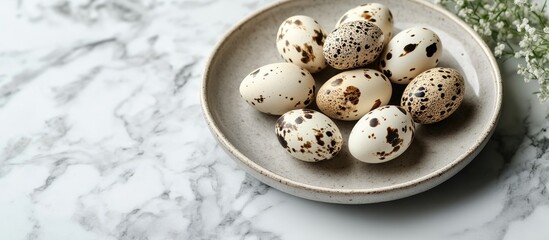 Obraz premium Quail eggs on a plate The plate rests on a marble surface. with copy space image. Place for adding text or design