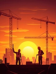 Silhouette of construction workers at sunset, showcasing cranes and an urban skyline in the background, symbolizing progress.