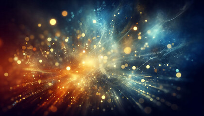 Obraz premium A vibrant abstract background featuring a blend of soft blue and gold tones illuminated by glimmering bokeh effects. Sparkling particles create a sense of golden and blue lights