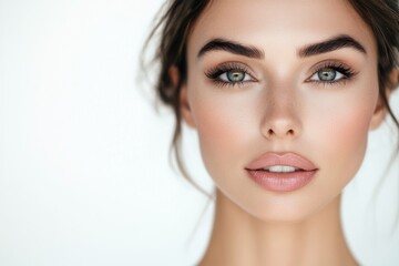 Obraz premium A stunning close-up portrait of a woman showcasing flawless skin and striking eyes radiating beauty and confidence. Ideal for beauty and fashion concepts. Generated AI