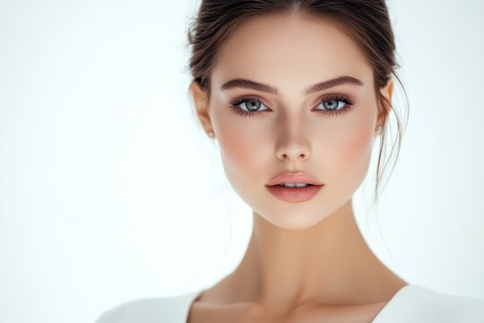 Portrait of a young woman with flawless skin and piercing eyes exuding beauty and grace. Generated AI - Powered by Adobe
