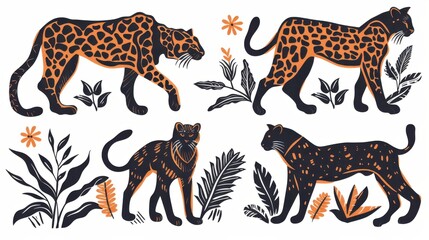 Fototapeta premium leopard linocut set with botanical plant, tiger lino cut style. Hand drawn sketch of stylized jaguar for print.