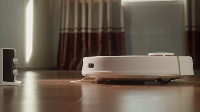 The white robot vacuum cleaner moves across the wooden floor, skillfully avoiding contact with the wall-mounted power splitter, while maintaining cleanliness and efficiency in a modern apartment