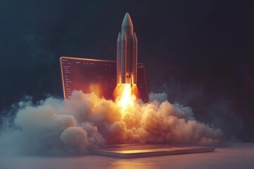 Futuristic Rocket Emerging from a Computer Screen