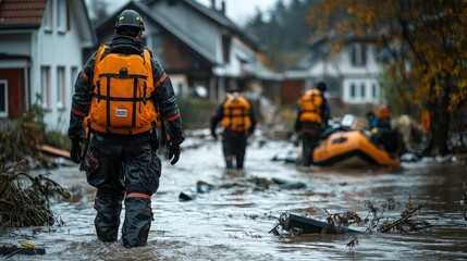Rescue workers in orange gear navigating a flooded residential area