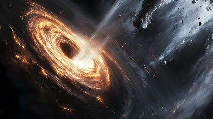 A swirling, fiery black hole in space with glowing gas and dust.