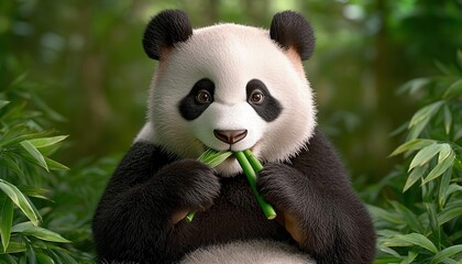 Obraz premium Panda eating bamboo in a lush forest, serene environment, 3D illustration